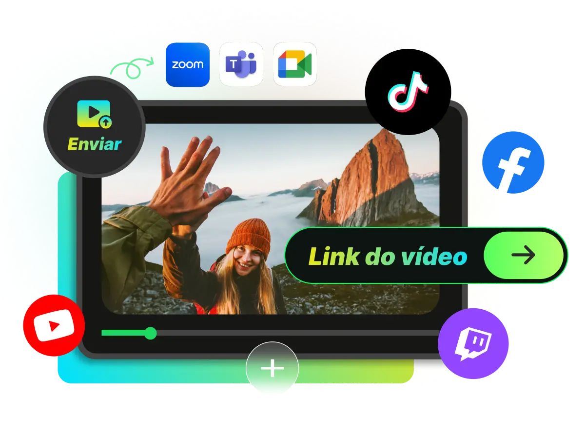 O recurso de transcrição multilíngue, mostrando um vídeo cercado por saudações em diferentes idiomas para representar o suporte a mais de 100 idiomas.